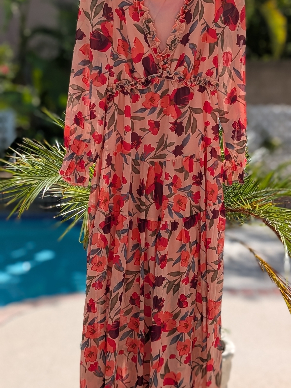 Amazon Peach Floral Ruffle Maxi Dress with Coral and Red Blooms